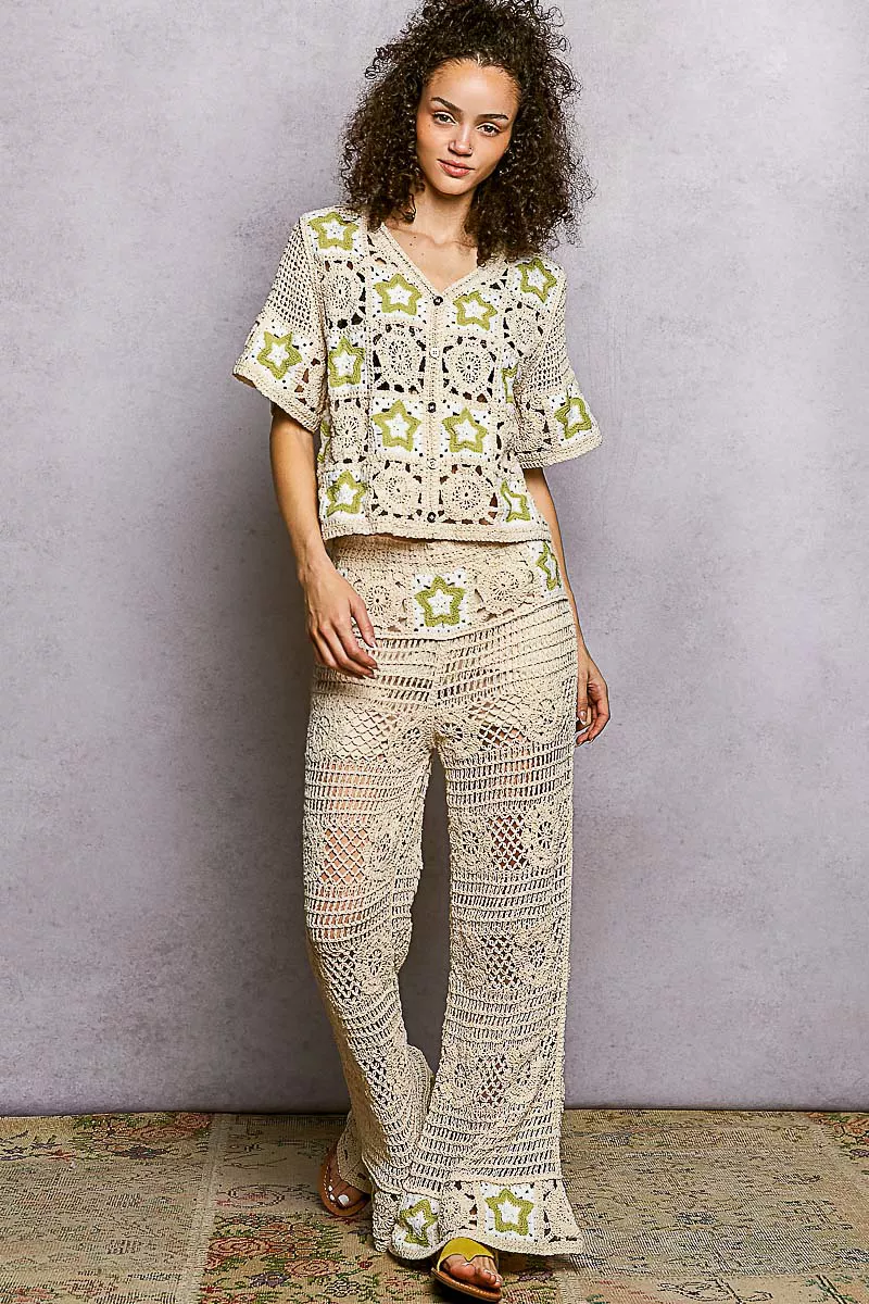 POL Openwork Crochet Flare Pants with Contrast Star - Image 4
