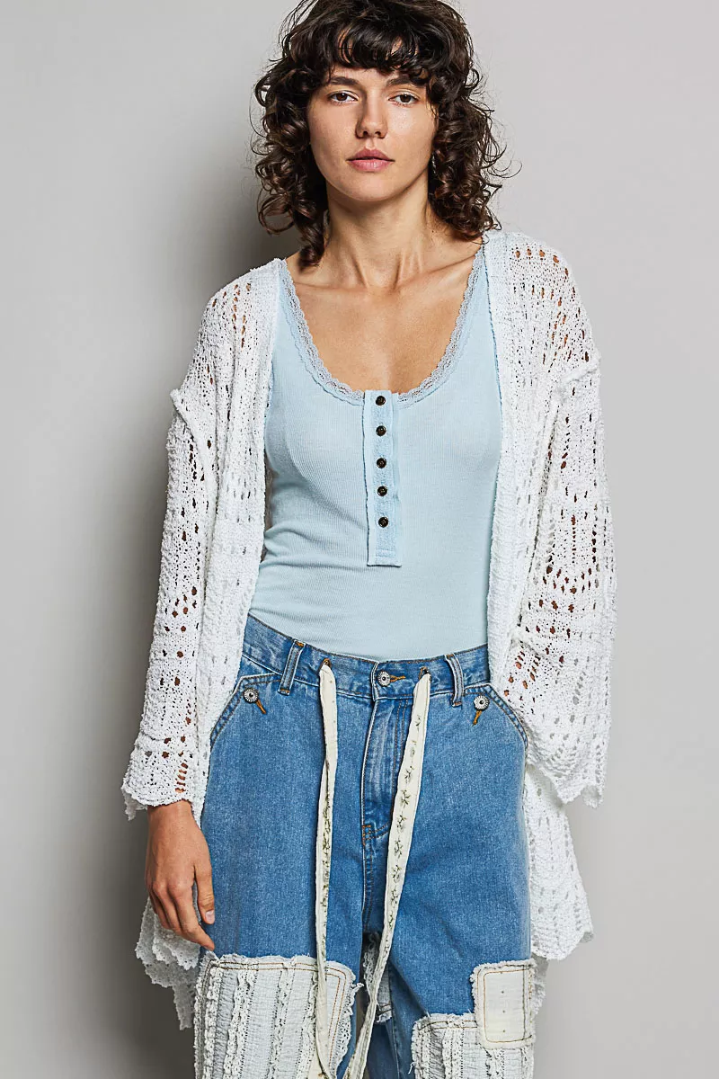 POL Openwork Lightweight Open Front Cardigan with Scalloped Edge - Image 2