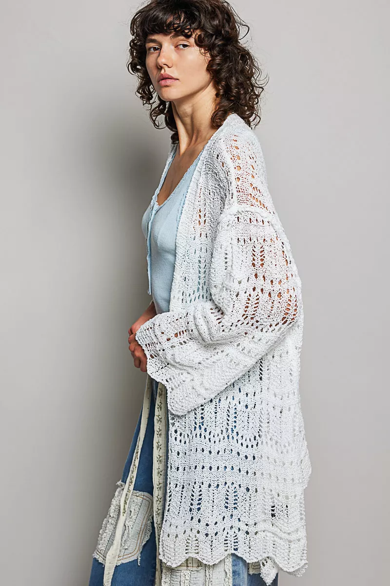 POL Openwork Lightweight Open Front Cardigan with Scalloped Edge - Image 3