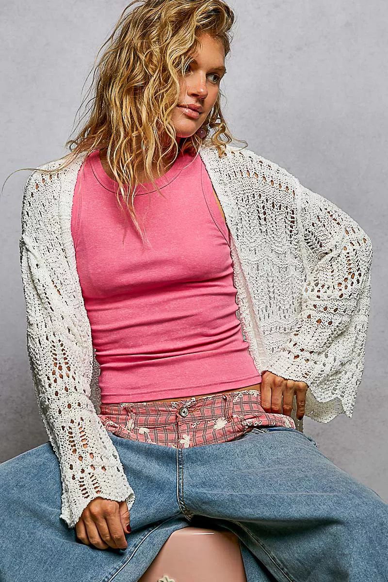 POL Openwork Lightweight Open Front Cardigan with Scalloped Edge - Image 7