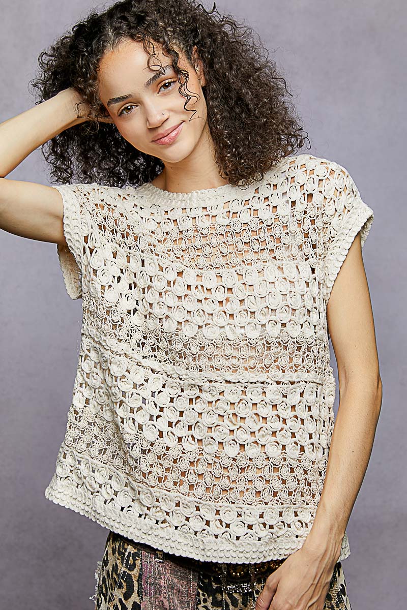 POL Openwork Round Neck Crochet Top - Image 2