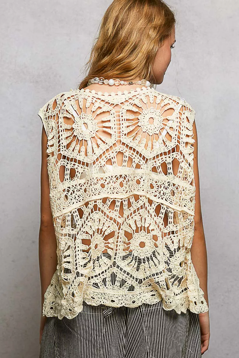 POL Openwork Round Neck Floral Crochet Tank - Image 4