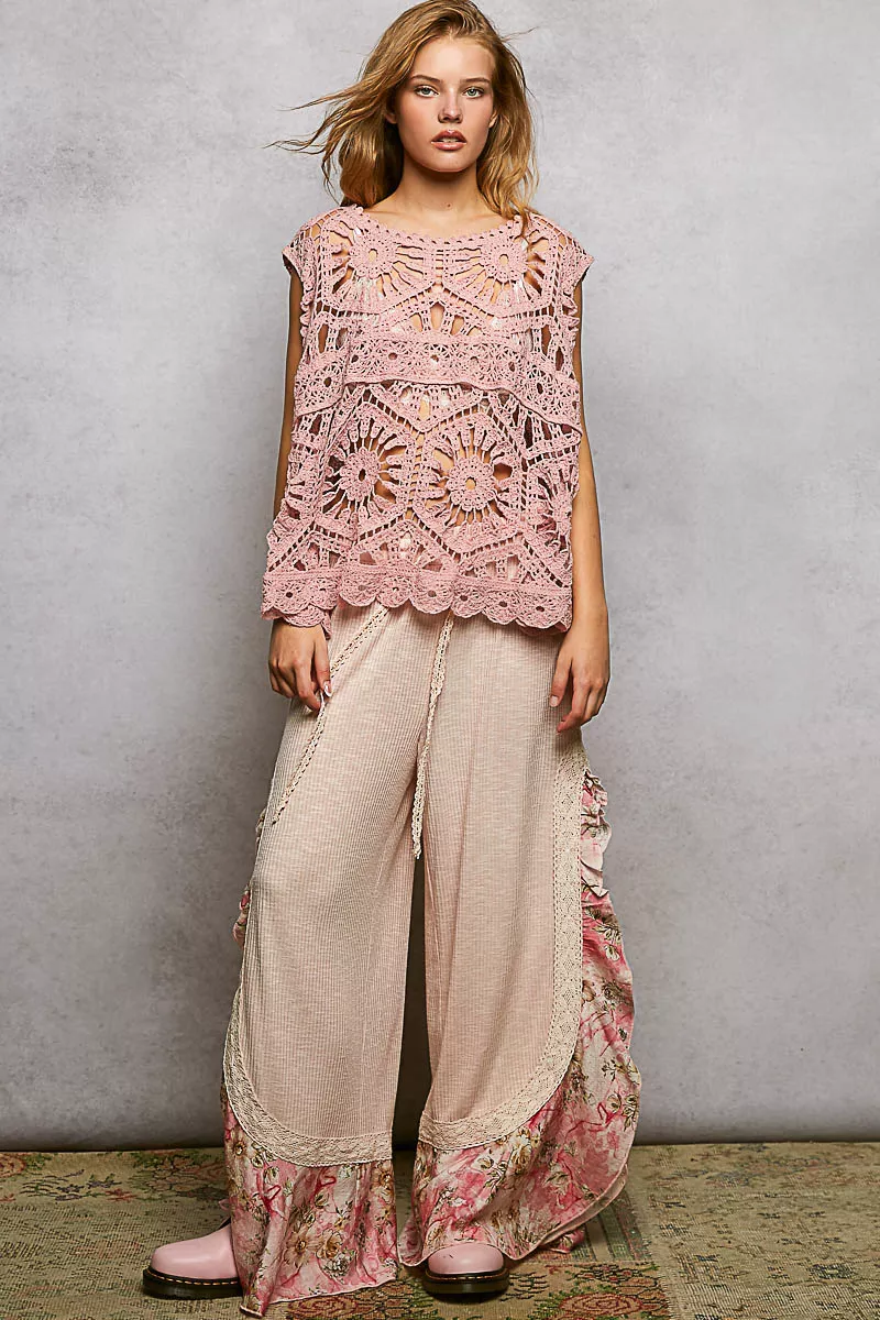 POL Openwork Round Neck Floral Crochet Tank - Image 4