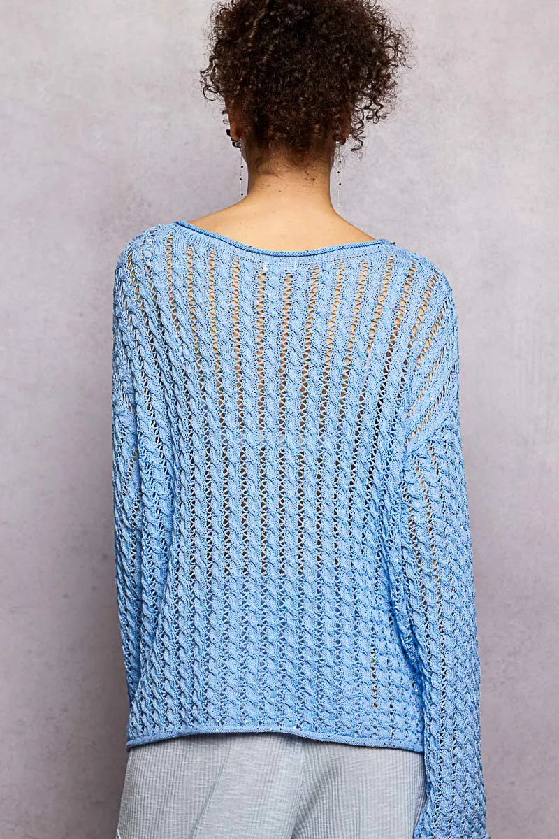 POL Openwork Round Neck Knit Top with Shiny Detail - Image 3
