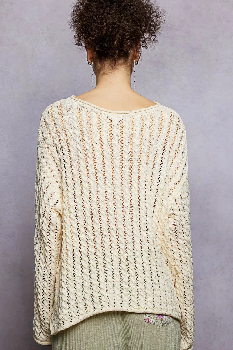 POL Openwork Round Neck Knit Top with Shiny Detail - Image 6