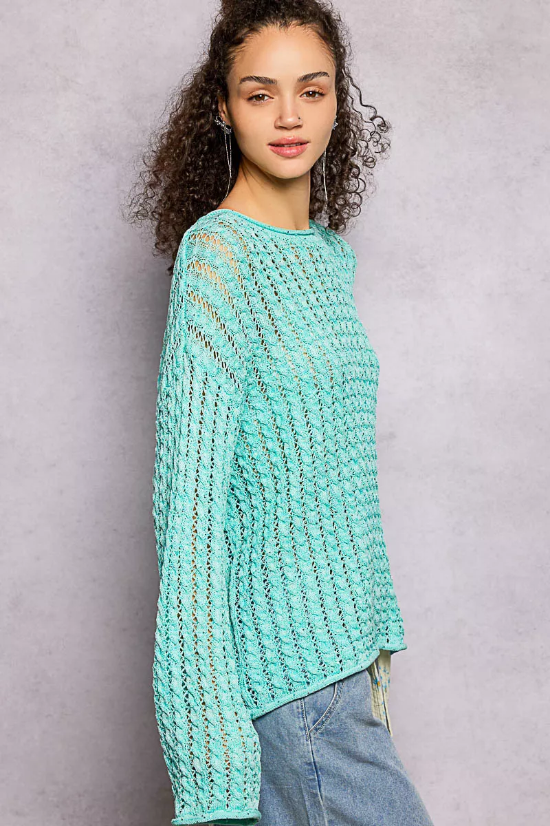 POL Openwork Round Neck Knit Top with Shiny Detail - Image 3