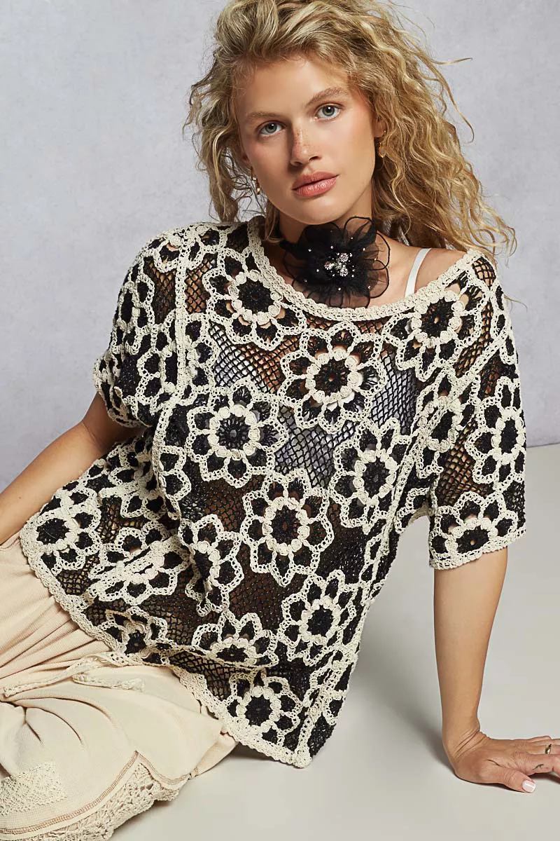 POL Openwork Short Sleeve Crochet Knit Top with Weave Knit Patterns - Image 3