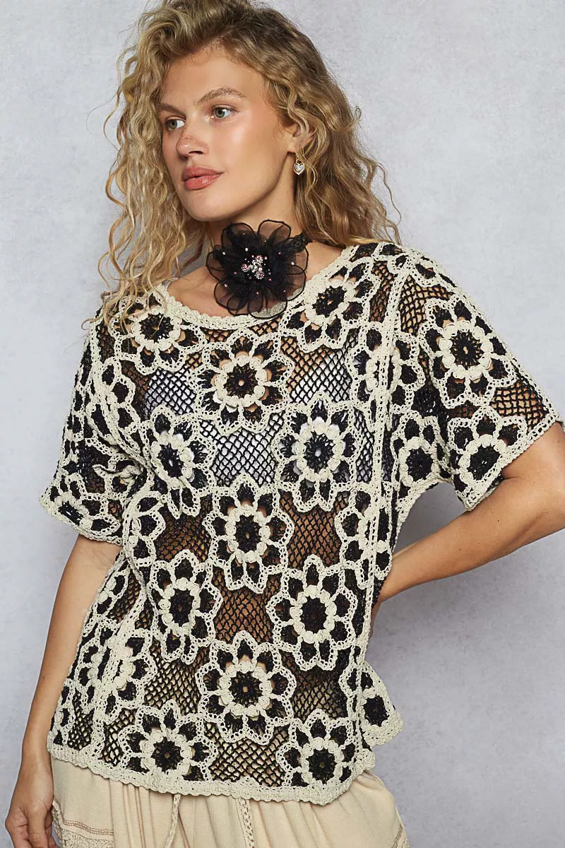 POL Openwork Short Sleeve Crochet Knit Top with Weave Knit Patterns - Image 4