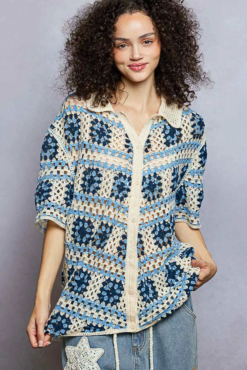 POL Openwork Short Sleeve Crochet Shirt with Border Accents - Image 2