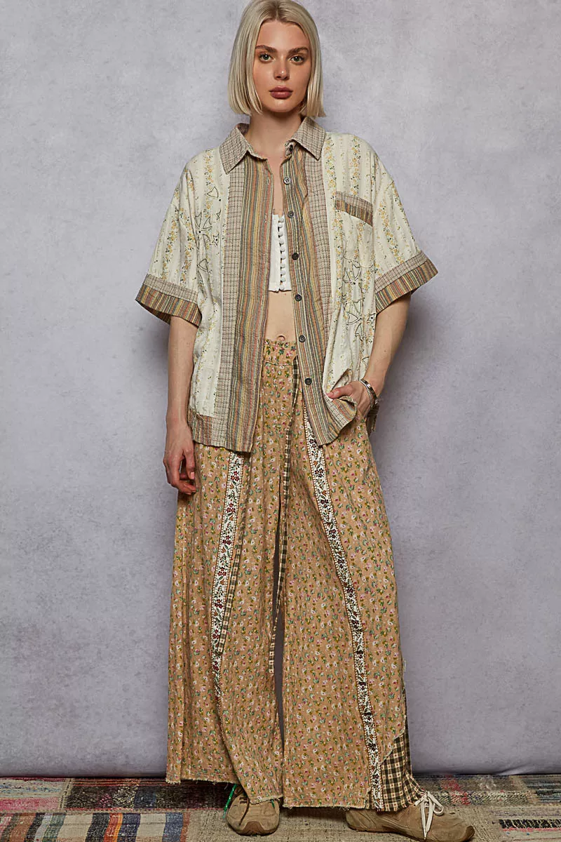 POL Printed Button Down Patchwork Short Sleeve Shirt - Image 3