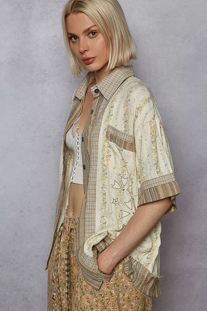 POL Printed Button Down Patchwork Short Sleeve Shirt - Image 4