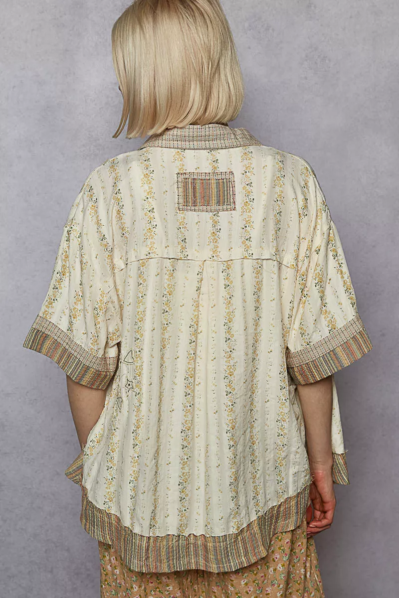POL Printed Button Down Patchwork Short Sleeve Shirt - Image 5