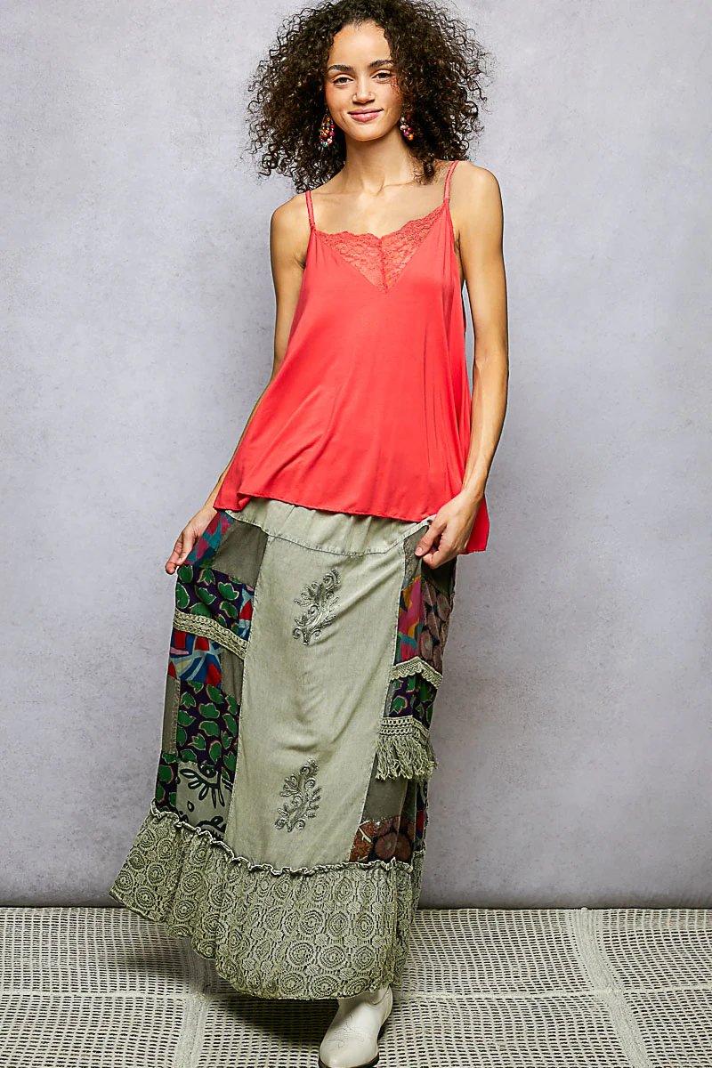 POL Printed Patchwork Embroidered Ruffled Skirt - Image 4
