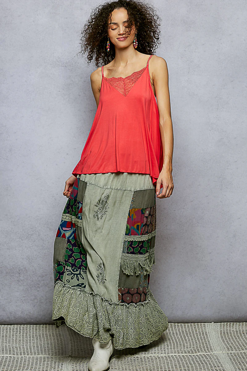 POL Printed Patchwork Embroidered Ruffled Skirt - Image 5