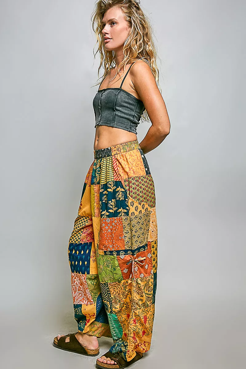 POL Printed Patchwork Wide Leg Pants with Adjustable Side Drawstring - Image 4