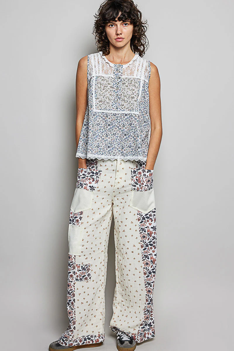 POL Printed Woven Lace Back Round Neck Sleeveless Top - Image 5
