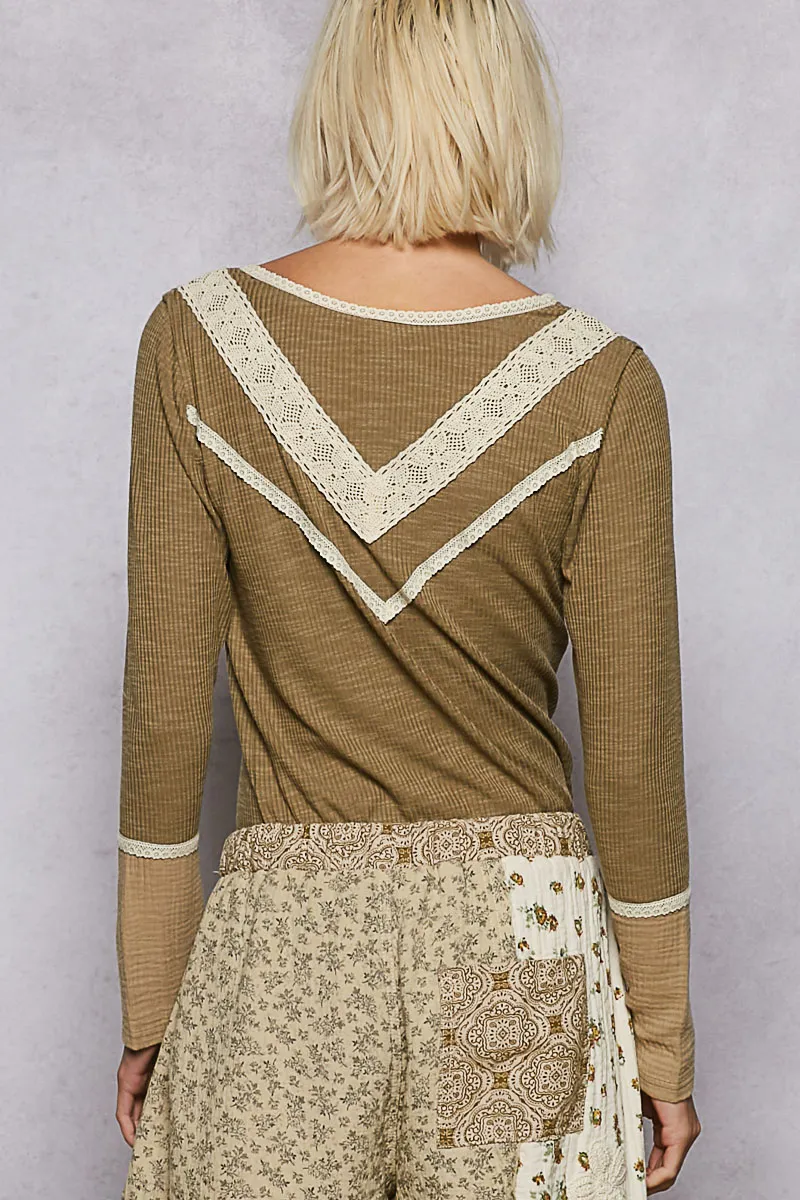 POL Ribbed Half Button Lace Detail Knit Top - Image 4