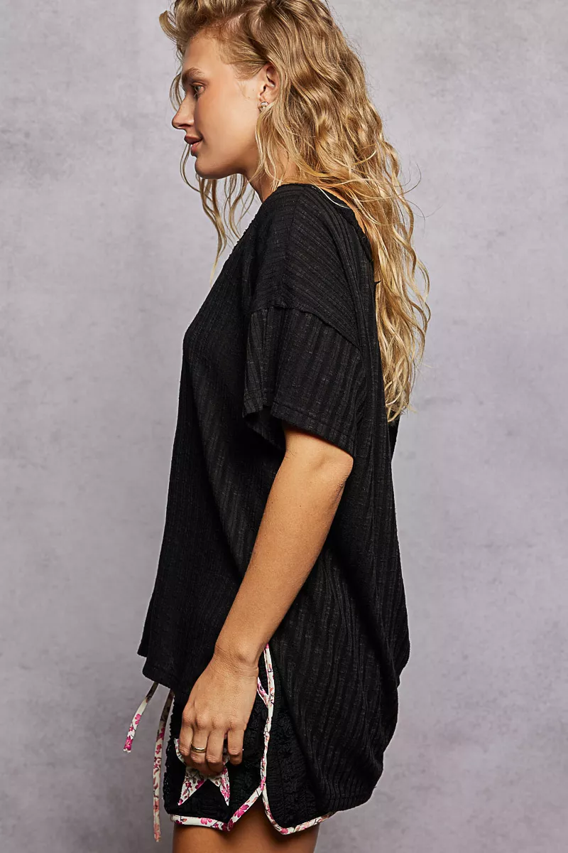 POL Ribbed Knit V-Neck Short Sleeve T-Shirt - Image 3