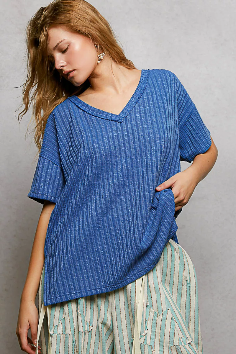 POL Ribbed Knit V-Neck Short Sleeve T-Shirt with Side Slit - Image 2