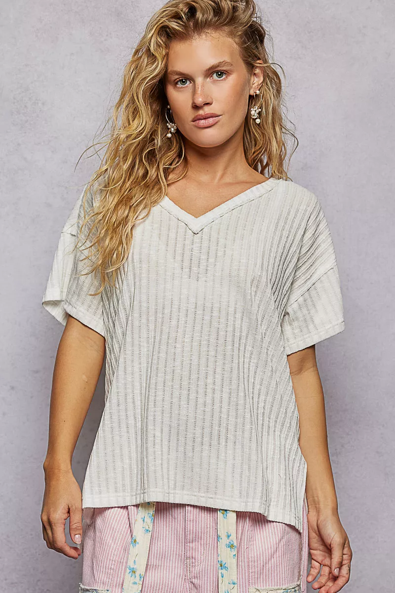 POL Ribbed Knit V-Neck Short Sleeve T-Shirt with Side Slit - Image 2