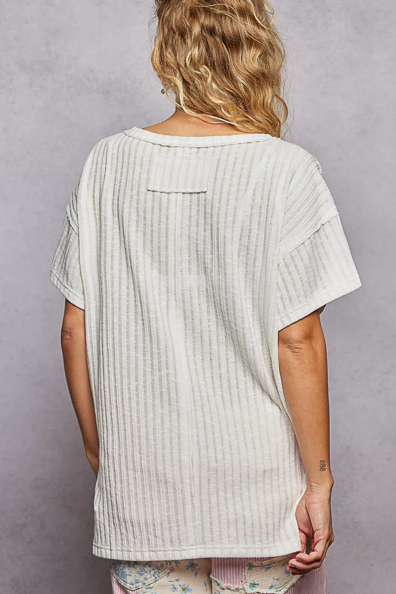 POL Ribbed Knit V-Neck Short Sleeve T-Shirt with Side Slit - Image 4