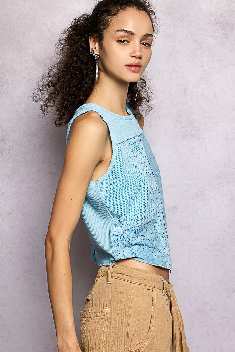 POL Ribbed Round Neck Cropped Tank with Lace Detail - Image 3