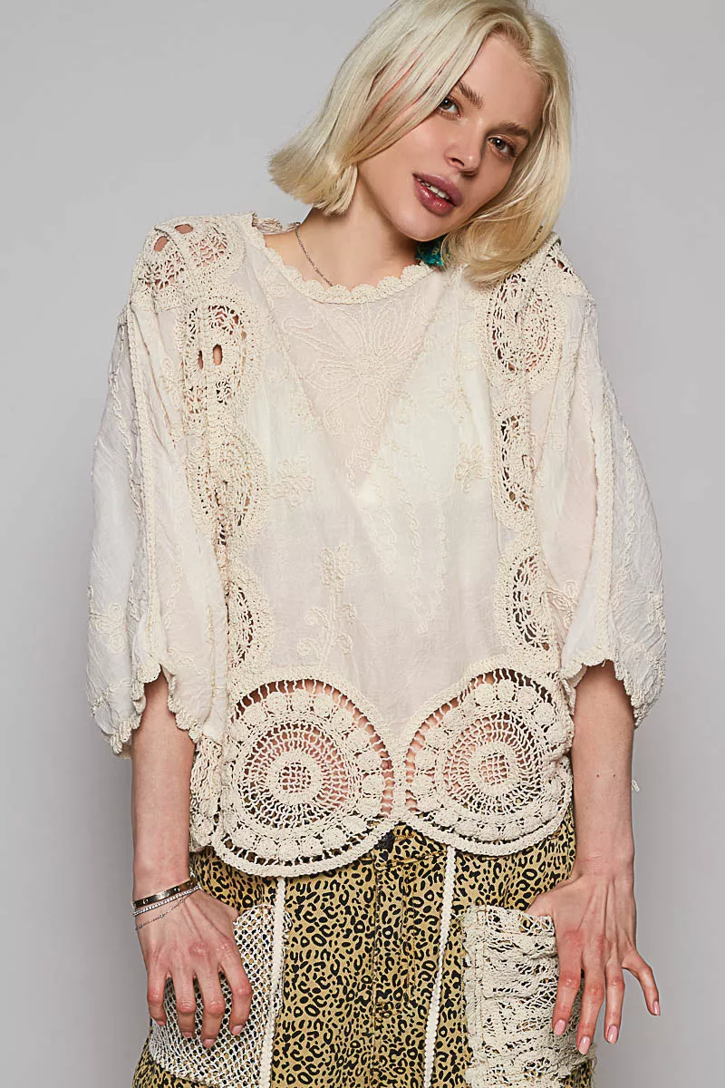 POL Round Neck Crochet Top with Floral Embroidery Detail - Image 2