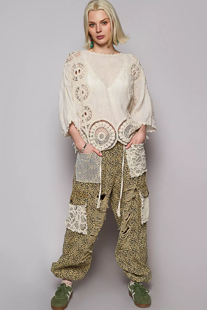 POL Round Neck Crochet Top with Floral Embroidery Detail - Image 3
