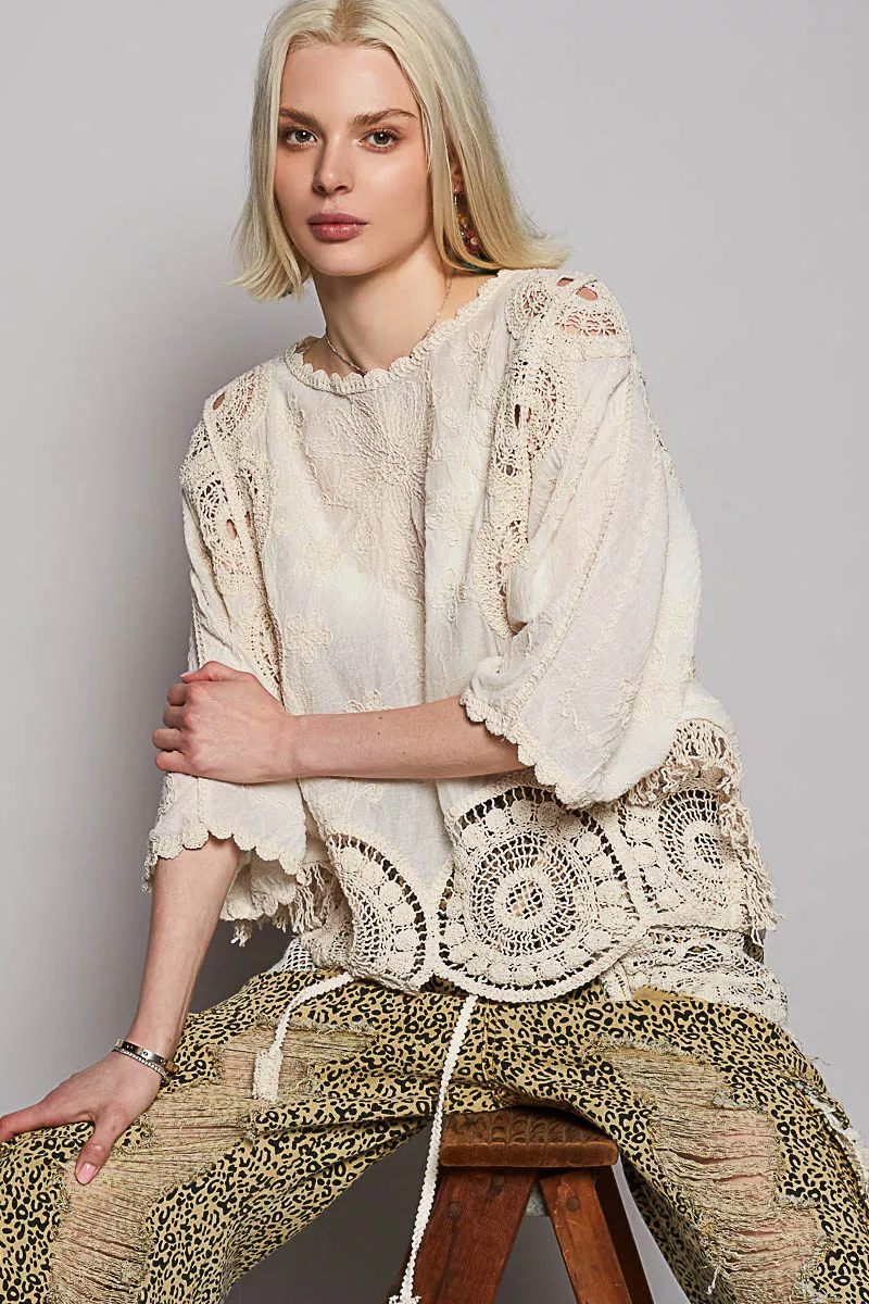 POL Round Neck Crochet Top with Floral Embroidery Detail - Image 4