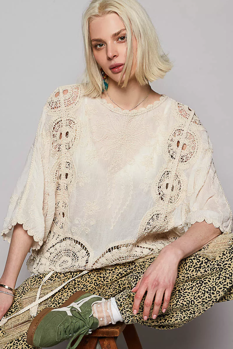 POL Round Neck Crochet Top with Floral Embroidery Detail - Image 6