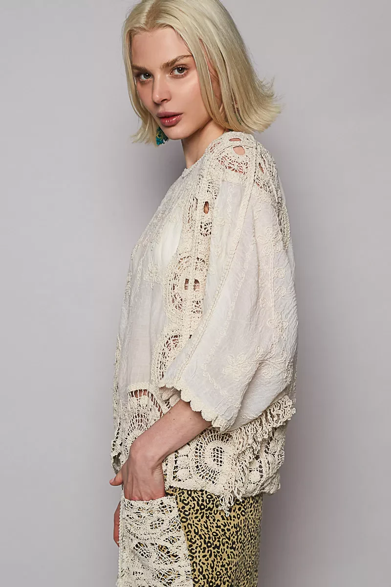 POL Round Neck Crochet Top with Floral Embroidery Detail - Image 7