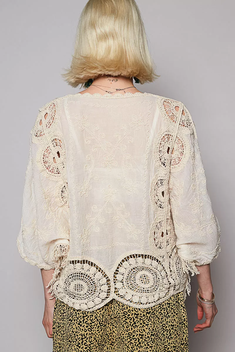 POL Round Neck Crochet Top with Floral Embroidery Detail - Image 8