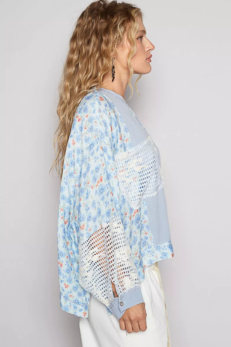 POL Round Neck Cropped Gauze Floral Pattern Top with Overlock Stitch Detail - Image 3