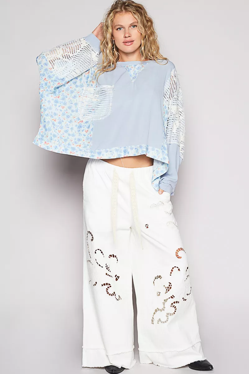 POL Round Neck Cropped Gauze Floral Pattern Top with Overlock Stitch Detail - Image 5