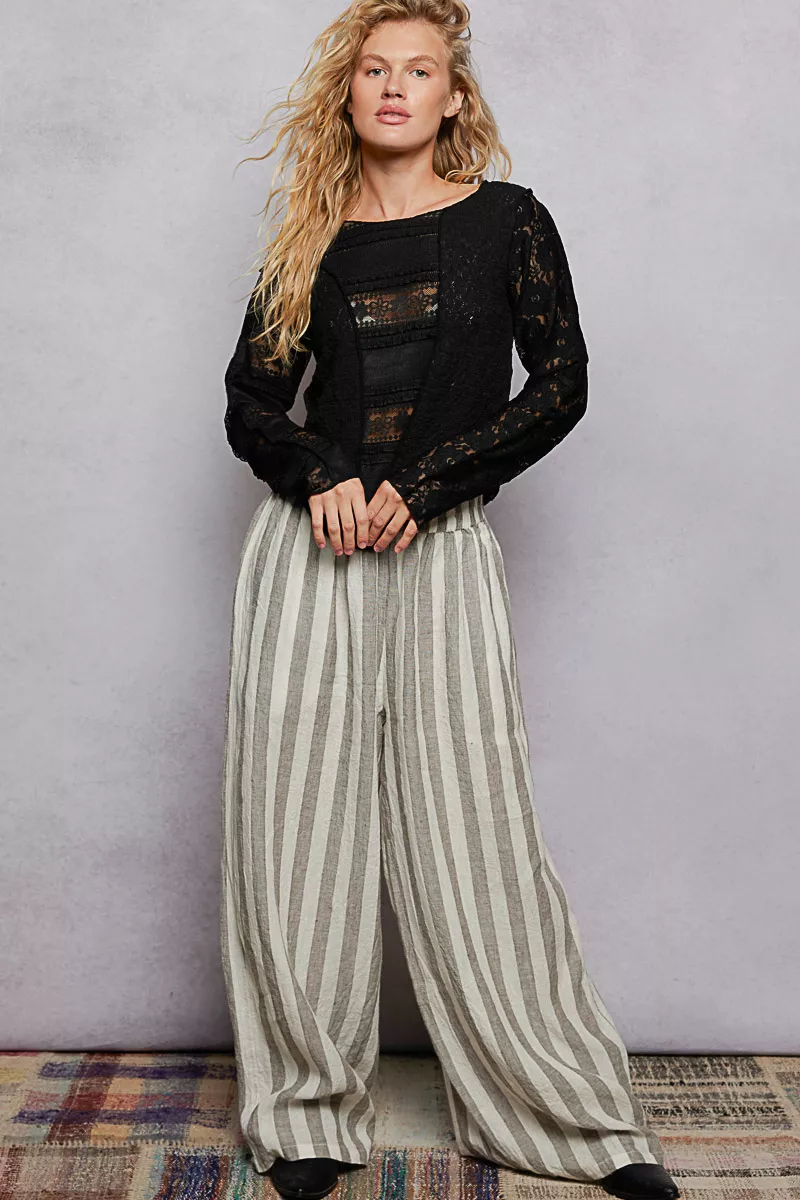 POL Round Neck Long Sleeve Exposed Seam Top with Lace Detail - Image 5