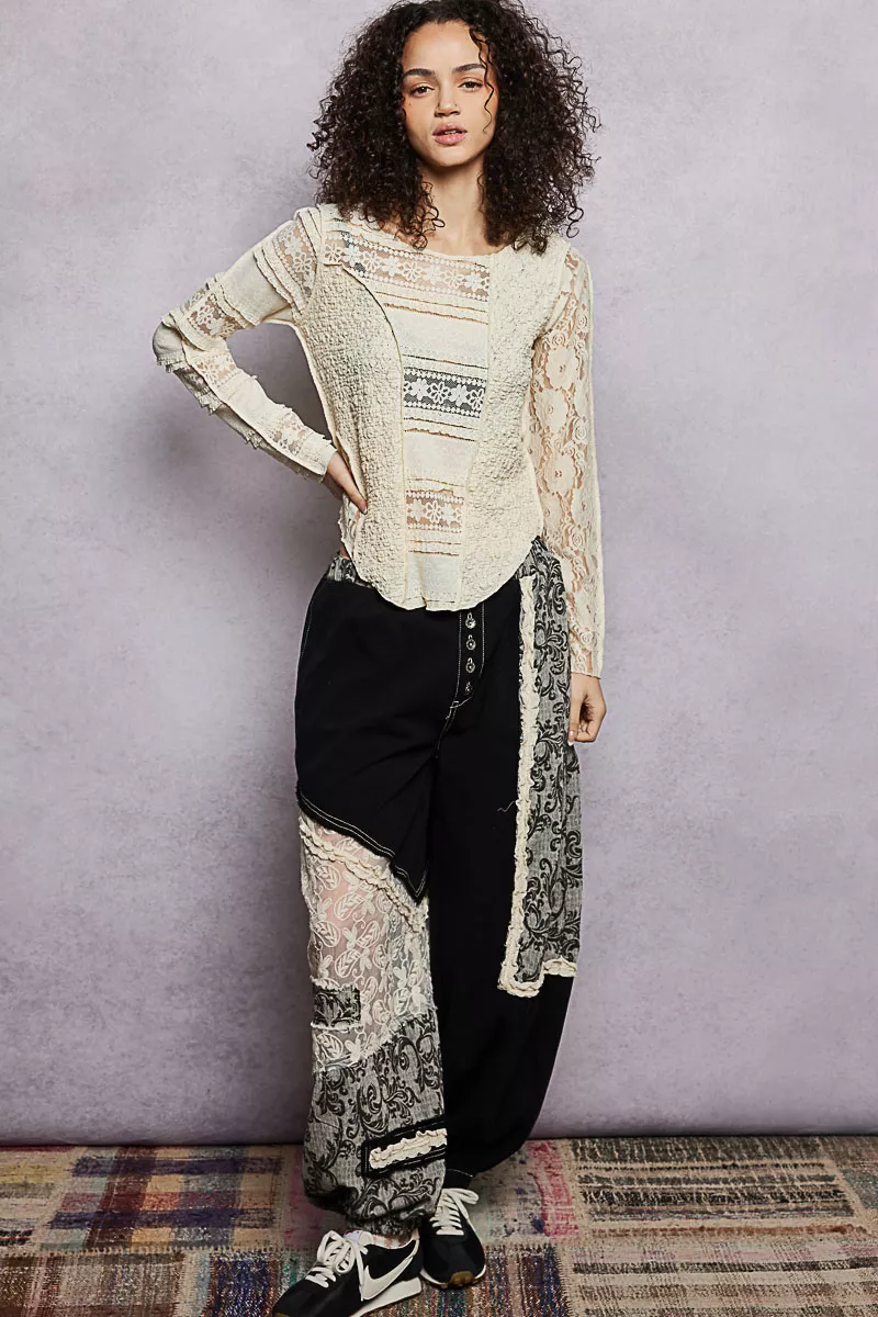 POL Round Neck Long Sleeve Exposed Seam Top with Lace Detail - Image 5