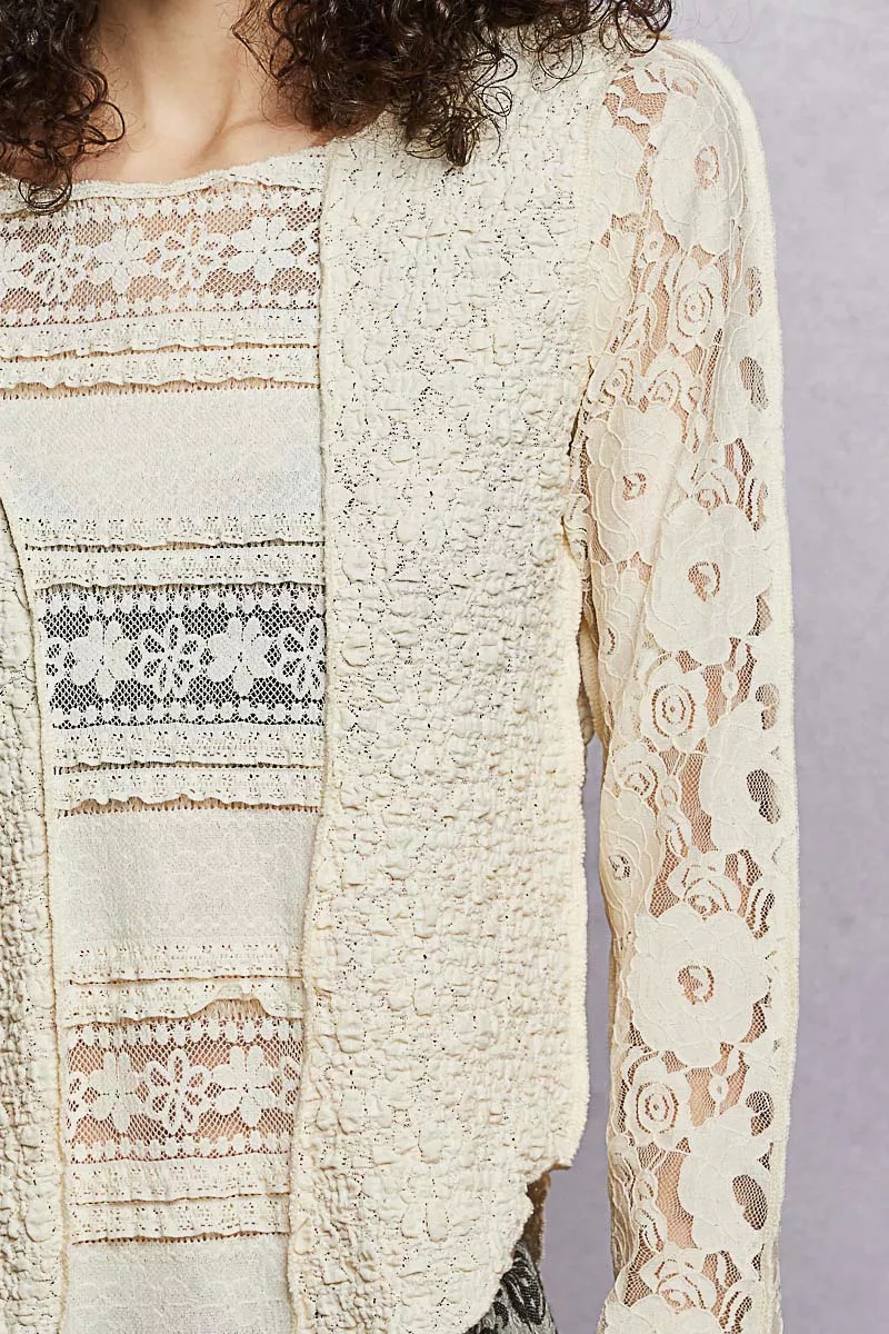 POL Round Neck Long Sleeve Exposed Seam Top with Lace Detail - Image 6