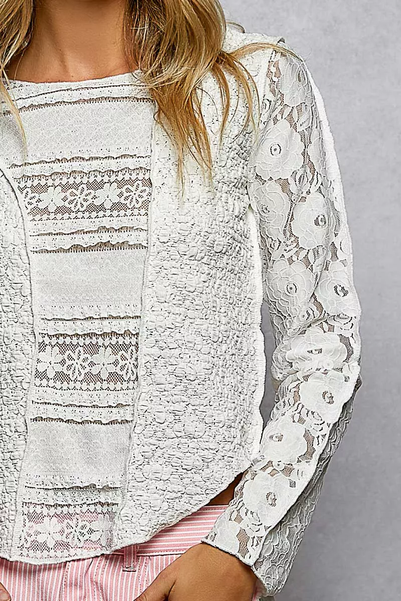 POL Round Neck Long Sleeve Exposed Seam Top with Lace Detail - Image 6