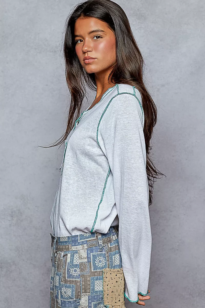 POL Round Neck Long Sleeve Top with Contrast Stitching - Image 3
