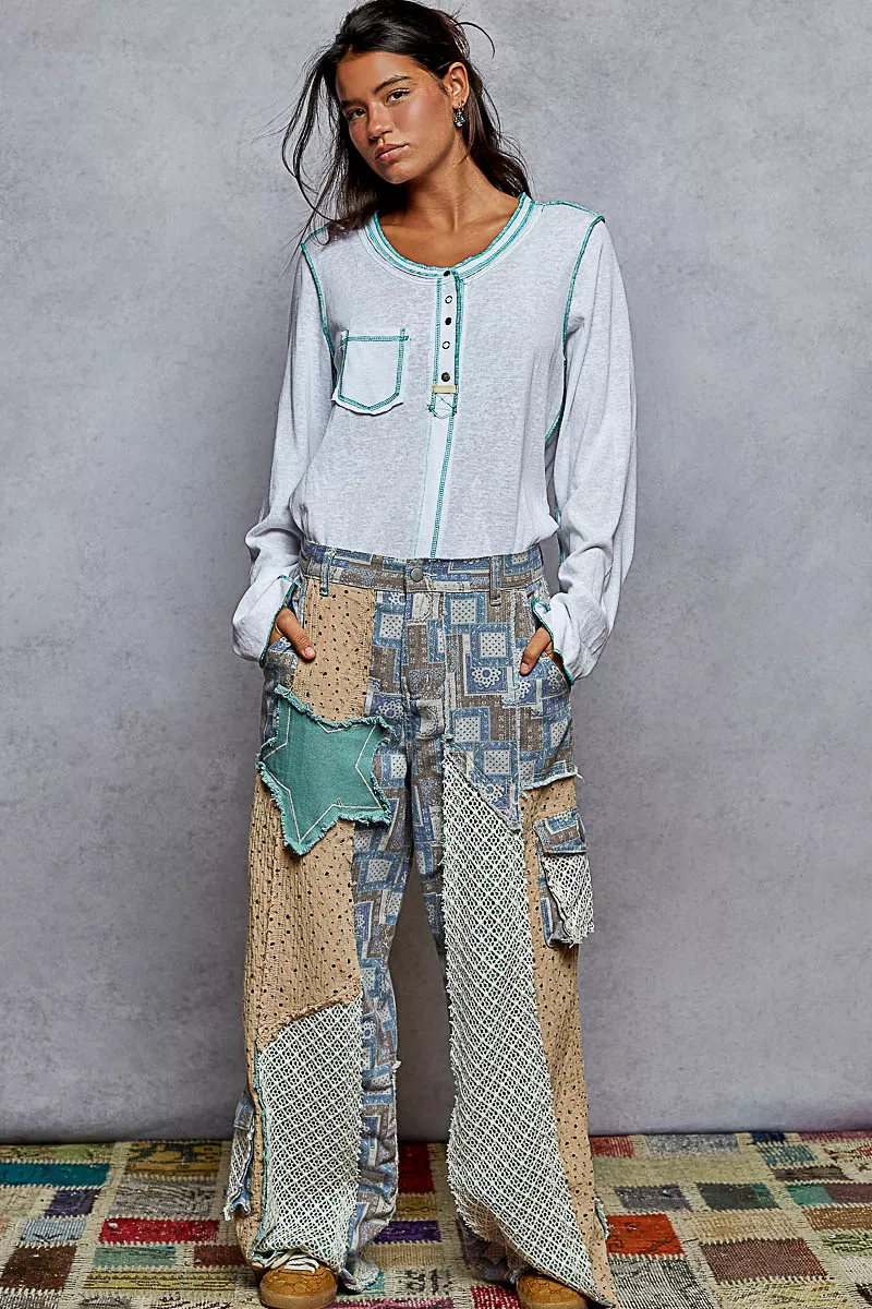 POL Round Neck Long Sleeve Top with Contrast Stitching - Image 5