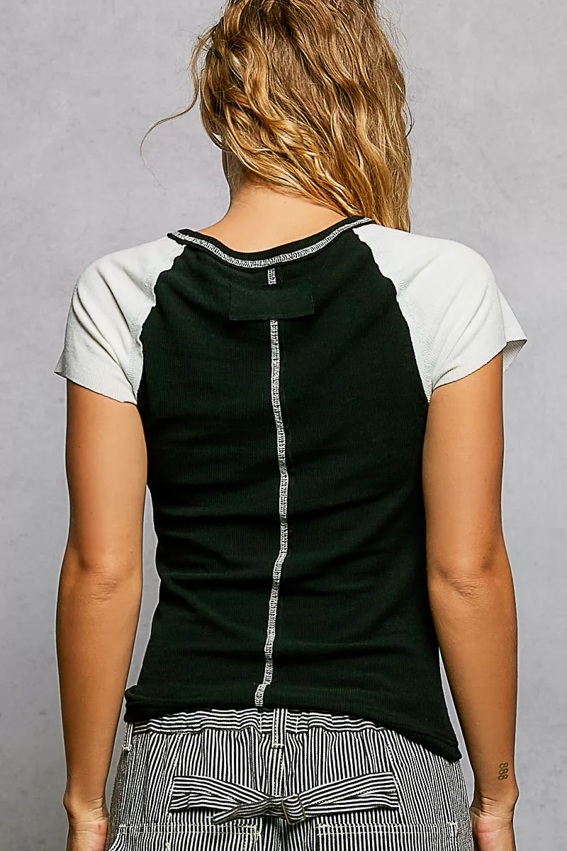 POL Round Neck Outseam Detail T-Shirt with Contrast Color Sleeves - Image 4