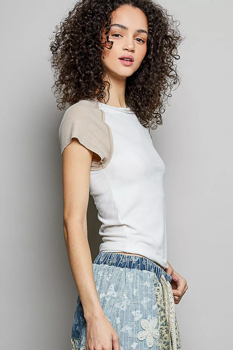 POL Round Neck Outseam Detail T-Shirt with Contrast Color Sleeves - Image 3