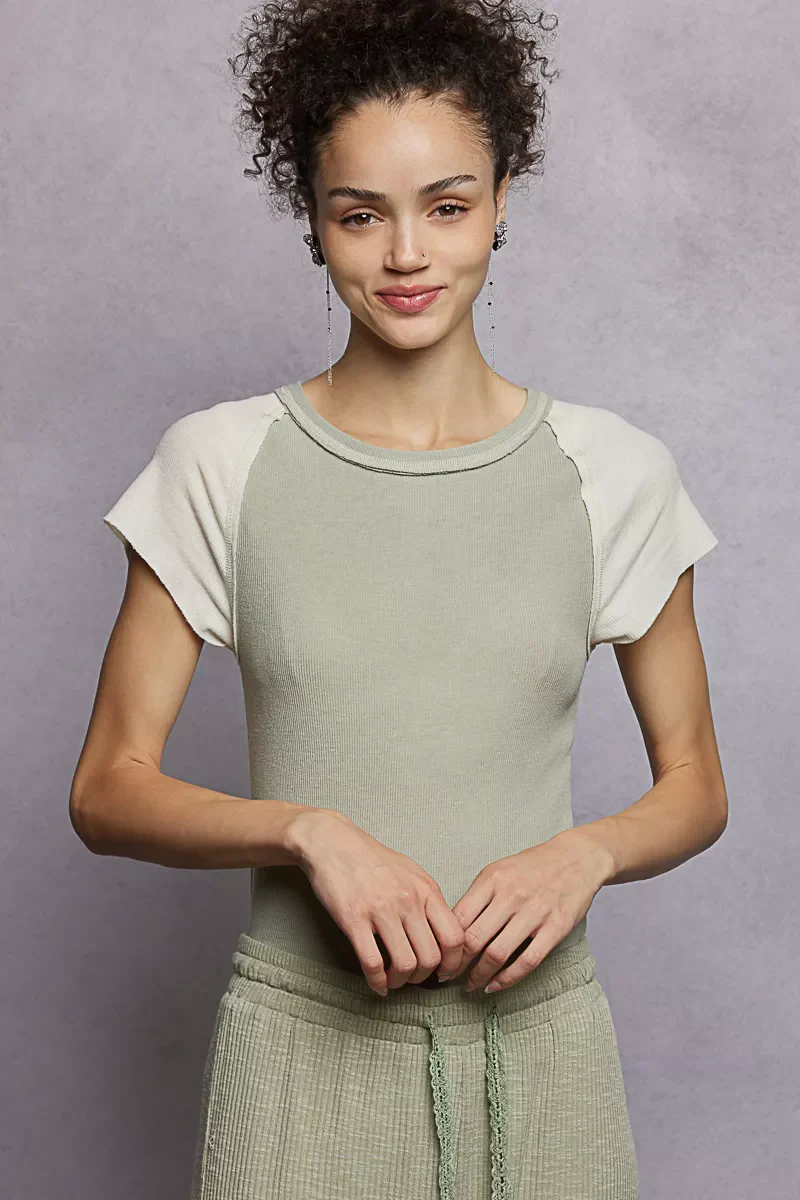 POL Round Neck Outseam Detail T-Shirt with Contrast Color Sleeves