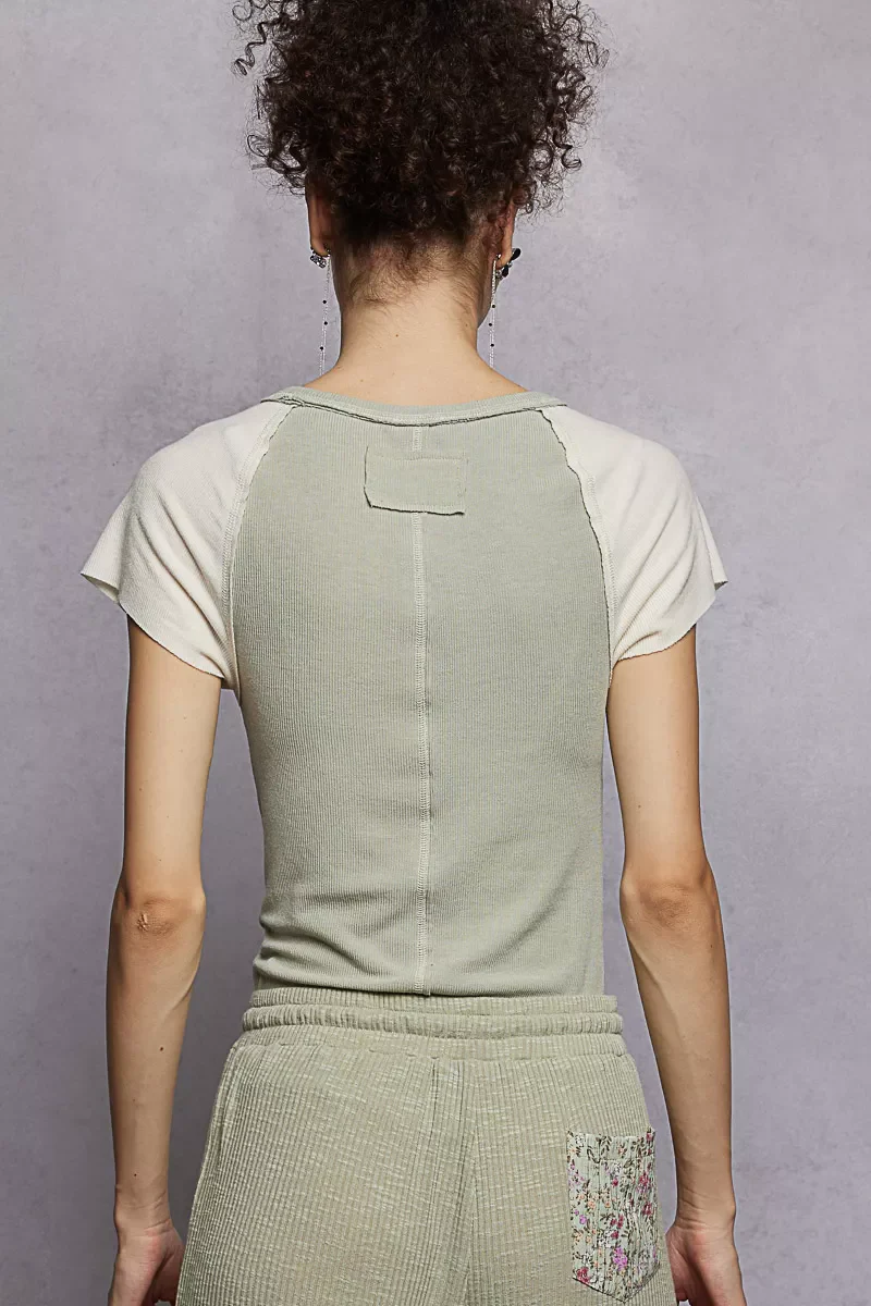 POL Round Neck Outseam Detail T-Shirt with Contrast Color Sleeves - Image 3