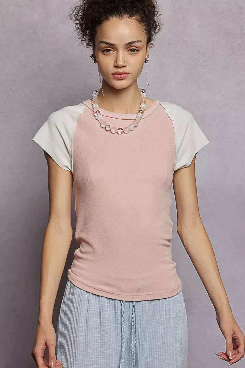 POL Round Neck Outseam Detail T-Shirt with Contrast Color Sleeves - Image 2