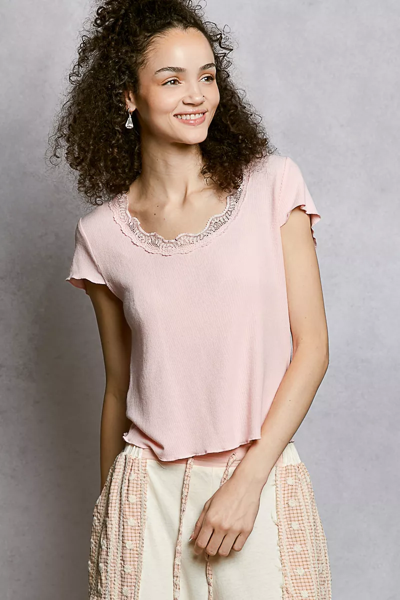 POL Round Neck Short Sleeve Crop T-Shirt with Lace Trim - Image 2