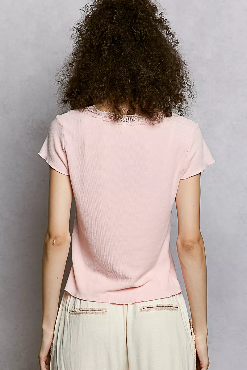POL Round Neck Short Sleeve Crop T-Shirt with Lace Trim - Image 4