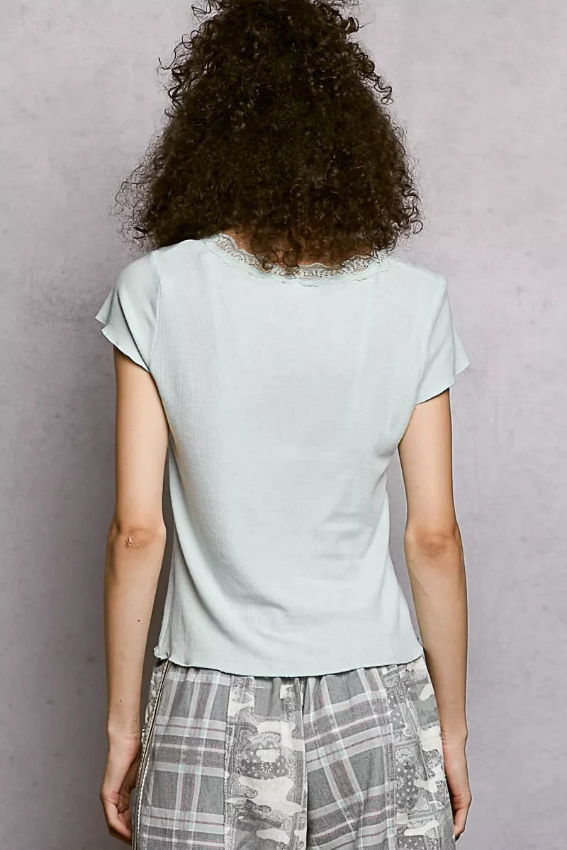 POL Round Neck Short Sleeve Crop T-Shirt with Lace Trim - Image 4