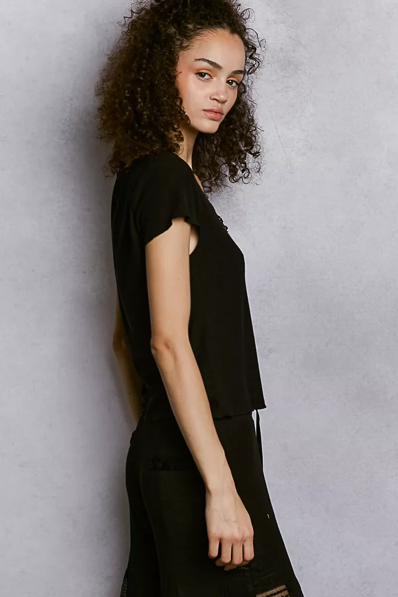 POL Round Neck Short Sleeve Crop T-Shirt with Lace Trim - Image 3