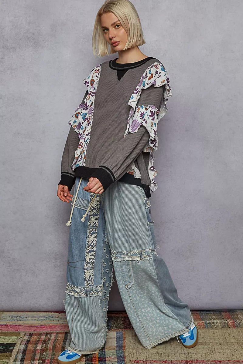 POL Round Neck Sweater with Floral Ruffle Detail - Image 5